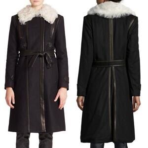 Alice + Olivia Saul Shearling-Collared Wool Blend Trench Coat Black Size Small